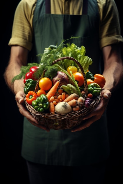Agricultor con verduras y frutas en las manos IA generativa