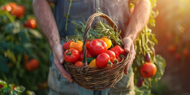 Agricultor con verduras y frutas en las manos IA generativa