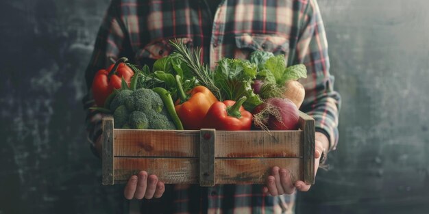 Agricultor con verduras y frutas en las manos IA generativa