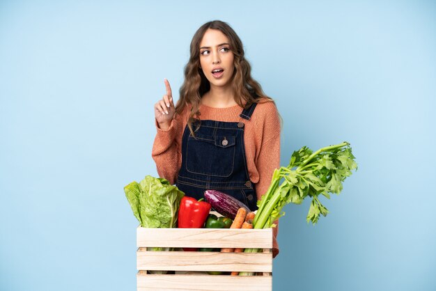 Agricultor con verduras recién cortadas en una caja pensando en una idea apuntando con el dedo hacia arriba