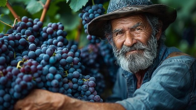 Foto agricultor verificando a madureza das uvas