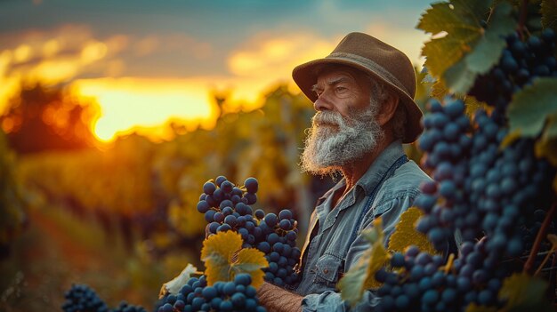 Foto agricultor verificando a madureza das uvas