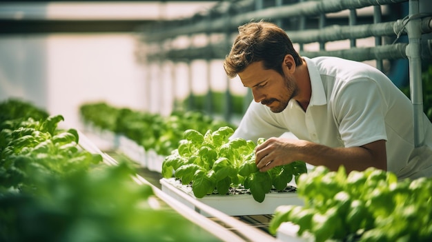 Agricultor verificando a qualidade das plantas de alface verde crescendo em estufa hidropônica