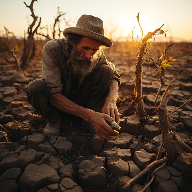 Foto agricultor verificando campo seco problema de seca gerado com ia