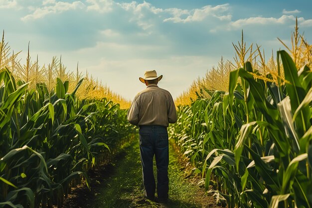 Agricultor verificando sua colheita no campo de milho Vista traseira