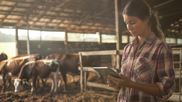 Agricultora administra processos com um tablet. A tecnologia revoluciona os métodos agrícolas