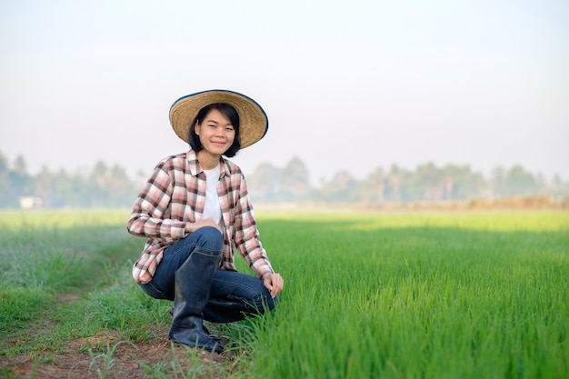 Agricultora asiática com chapéu sentada em uma fazenda de arroz verde