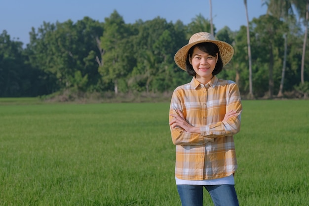 Agricultora asiática em pé e de braços cruzados em uma fazenda de arroz