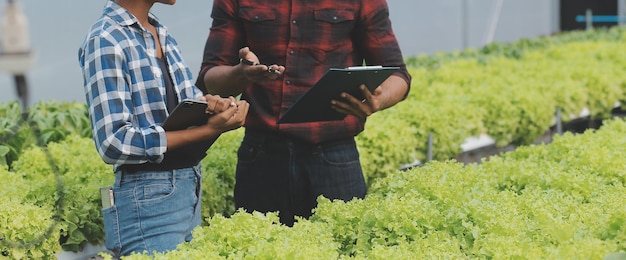 Foto agricultora asiática usando tablet digital em horta em estufa conceito de tecnologia agrícola de negócios qualidade agricultora inteligente