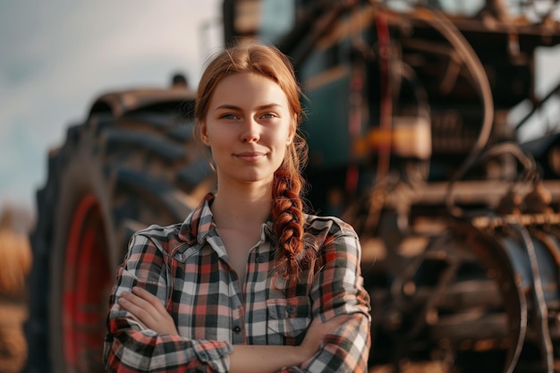 Agricultora atraente e orgulhosa em frente a máquinas agrícolas