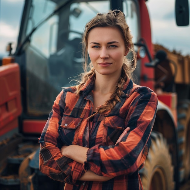 Agricultora atraente e orgulhosa em frente a máquinas agrícolas