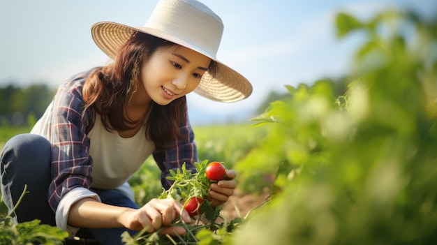 Agricultora colhe tomates à mão