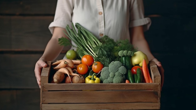 Agricultora com uma caixa de madeira cheia de vegetais crus frescos, uma cesta de vegetais e IA generativa