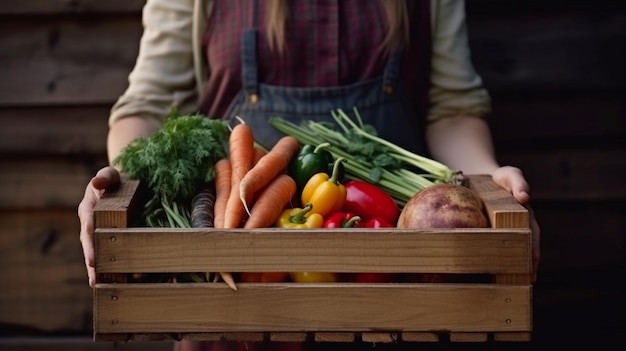 Agricultora com uma caixa de madeira cheia de vegetais crus frescos, uma cesta de vegetais e IA generativa