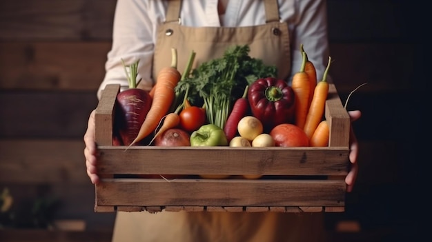 Agricultora com uma caixa de madeira cheia de vegetais crus frescos, uma cesta de vegetais e IA generativa