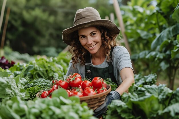 Agricultora feliz com um chapéu tradicional cultivando vegetais frescos orgânicos com um grande espaço de cópia IA generativa