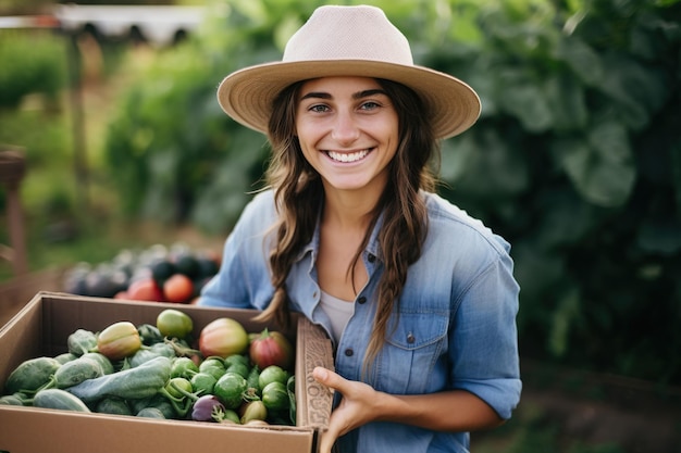 Agricultora feliz segurando uma caixa com produtos frescos