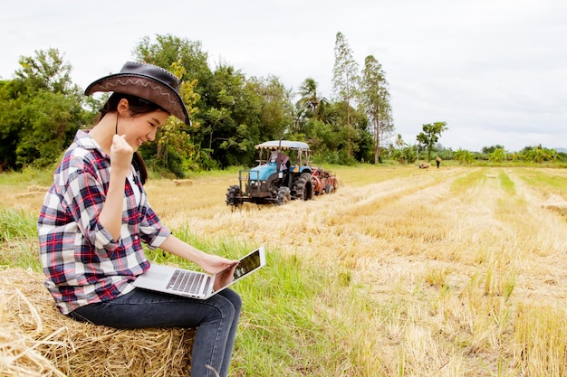 Agricultora feliz senta tecnologia de laptop online vendendo produtos agrícolas nos campos de arroz.