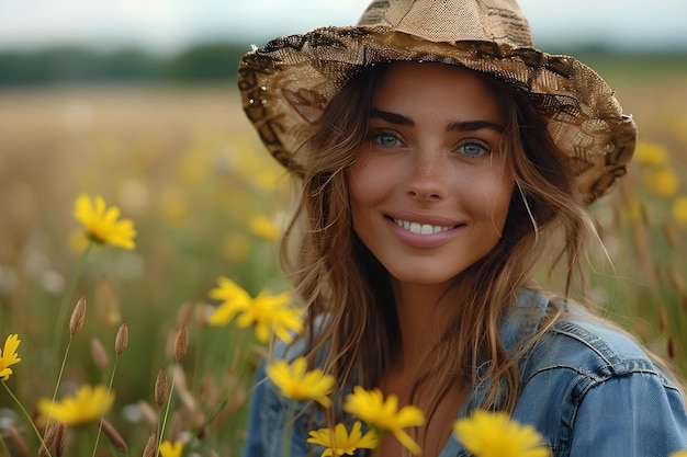 Foto agricultora feliz con sombrero de vaquero y traje de vaqueros en la granja concepto de vida en la granza agricultora con sombreiro de vaqueros y traje de vanilla en el entorno rural