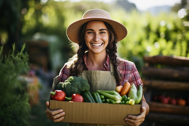 Agricultora feliz sosteniendo una caja con productos frescos