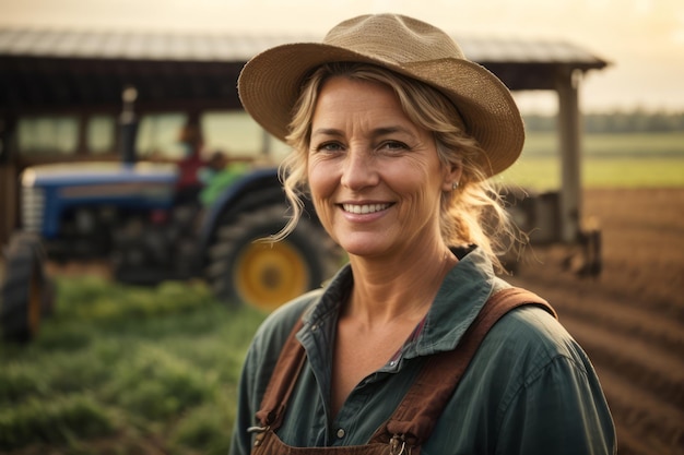 Foto agricultora feliz trabajando en una granja con un tractor en el fondo