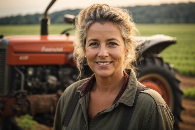 Agricultora feliz trabalhando em uma fazenda com um trator ao fundo