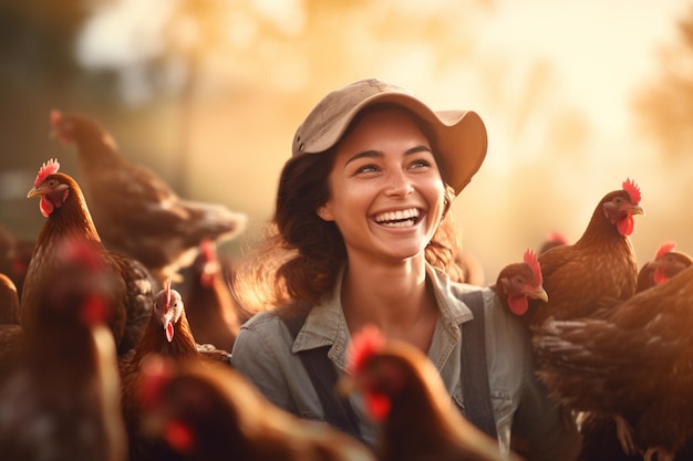 Agricultora en una granja de pollos durante el día con IA generativa