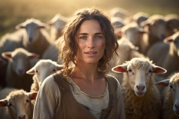 Foto agricultora numa exploração de ovinos durante o dia com ia generativa