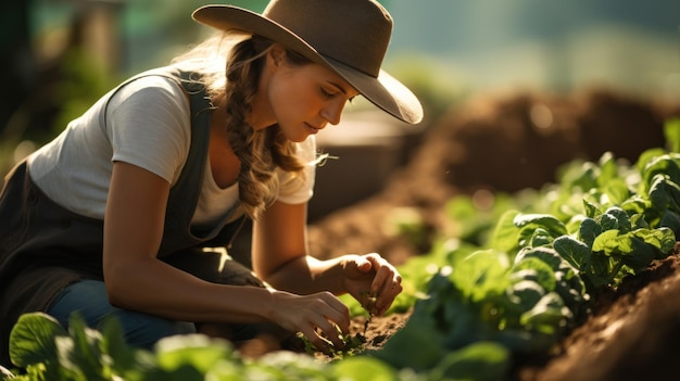 Agricultora orgânica a colher legumes frescos na sua quinta