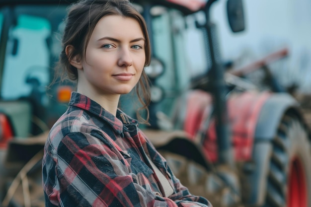 Agricultora orgulhosa, atraente e confiante em frente a máquinas agrícolas