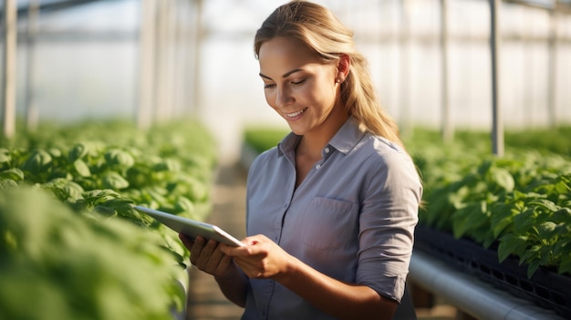 Agricultora se levanta e segura o tablet em suas mãos contra o fundo do campo