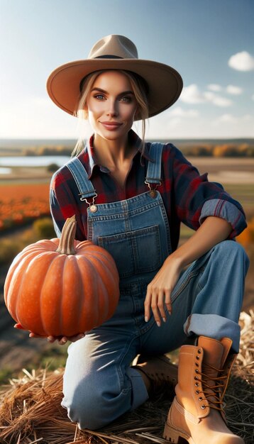 una agricultora sosteniendo una calabaza en un campo