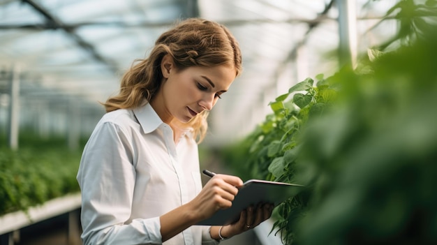 La agricultora se para y sostiene la tableta en sus manos contra el fondo del campo