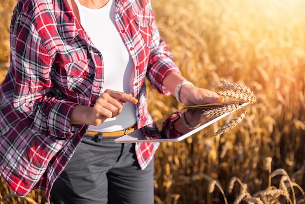 Agricultora usando tableta digital en un campo