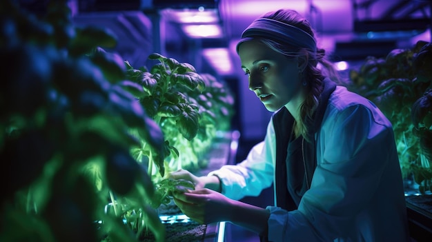 Agricultora verifica folhas de alface em uma estufa sob luz ultravioleta