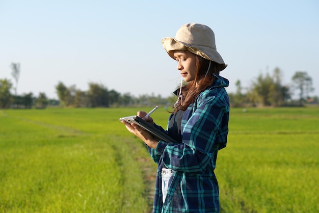 Agricultoras asiáticas usan computadoras para analizar el crecimiento de las plantas de arroz