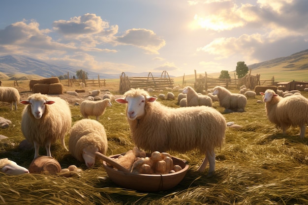 Agricultores alimentando animais de fazenda