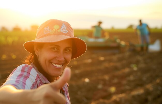 Foto agricultores brasileiros felizes usando arados para preparar a terra para o plantio de soja no brasil