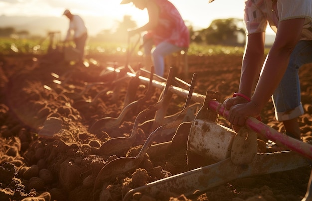 Foto agricultores brasileiros felizes usando arados para preparar a terra para o plantio de soja no brasil