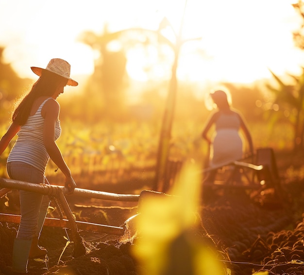 Agricultores brasileños felices que usan arados para preparar la tierra para plantar soja en Brasil