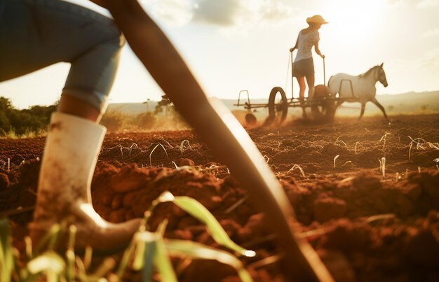 Foto agricultores brasileños felices que usan arados para preparar la tierra para plantar soja en brasil