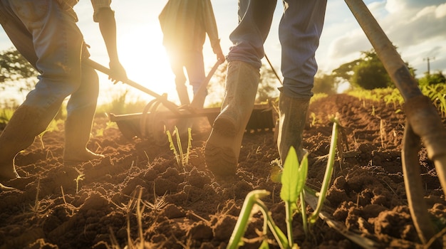 Foto agricultores brasileños felices que usan arados para preparar la tierra para plantar soja en brasil