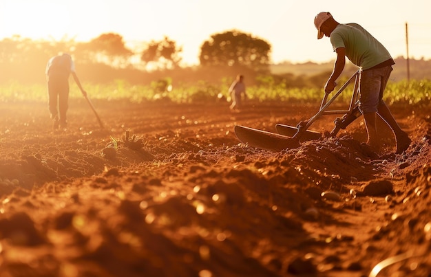 Foto agricultores brasileños felices que usan arados para preparar la tierra para plantar soja en brasil