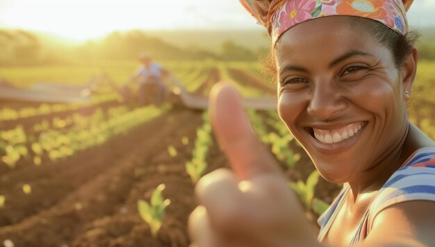 Agricultores brasileños felices que usan arados para preparar la tierra para plantar soja en Brasil