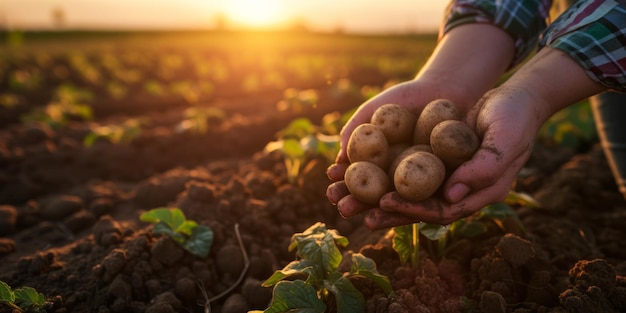 Foto los agricultores cocinan las patatas con las manos al atardecer en el campo de cosecha