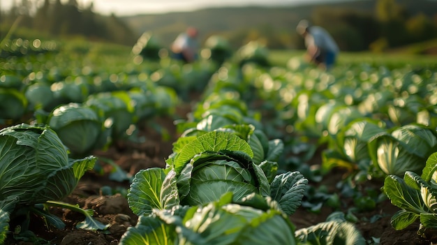 Foto agricultores colhendo repolho em um campo exuberante cercado por fileiras de cabeças de repolho verde saudáveis