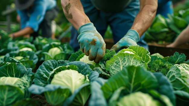 Foto agricultores colhendo repolho em um campo exuberante cercado por fileiras de cabeças de repolho verde saudáveis