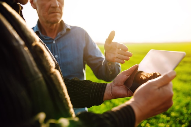 Foto agricultores com tablet no campo fazenda inteligente, jardinagem agrícola ou conceito de ecologia