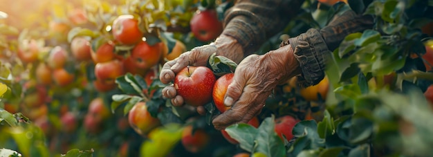 Los agricultores cosechan con las manos recogiendo manzanas en un huerto soleado