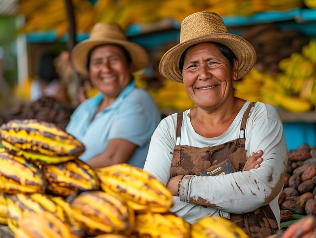 Foto agricultores de cacau vendendo produtos de chocolate em um mercado no mercado tradicional e cultural de ecua foto